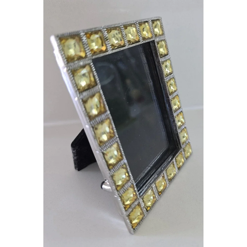 Two's Company Silver Jeweled Picture Frame Yellow Citrine Crystals Velvet‎ Back